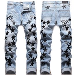 High Quality Men's Slimfit Blue JeansLight Luxury Stars Embroidery Decorating Hip Hop JeansStylish Sexy Street Jeans; 240131