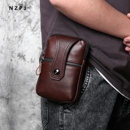 NZPJ Leather Mens Waist Bag Top Layer Cowhide Casual Mobile Phone Bag Wear Belt Vertical Shoulder Messenger Mobile Phone Bag 240118