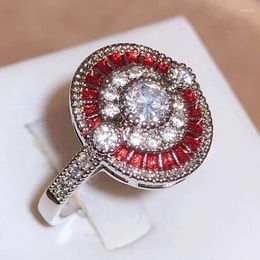 Cluster Rings In Round Full Diamond Encrusted Red Zirconia Ring For Women 925 Stamp Fashion Wedding Party Jewellery Gift Wholesale