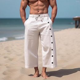 Men's Pants Casual Solid Color Nine Points Cotton And Linen Multi Buttons Trousers Beach Wear Versatile 2024