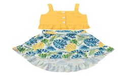Girls Summer Cotton Blend Tops and Palm Leaf Pineapple Skirt Suit Twopiece Kids Sleeveless Tops and Dress Set ZHT 3877092779
