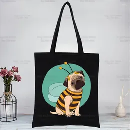 Shopping Bags Pug Dog Harajuku Canvas Women's College Ulzzang Black Large Animal Pet Cartoon Capacity Casual Fashion Shoulder