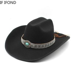 Men Women Artificial Woollen Western Cowboy Hats 9.5CM Wide Brim Party Dress Hats Gentleman Lady Jazz Cowgirl Cap 240119