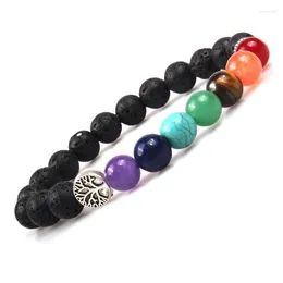 Strand 10pcs Tree Seven Chakra Healing Beads Bracelet 8mm Black Lava Stone Women Men Buddha Friendship Jewellery