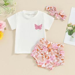 Clothing Sets Baby Girls Shorts Set Short Sleeve Butterfly Print T-shirt Flower Headband Summer Outfit Children's