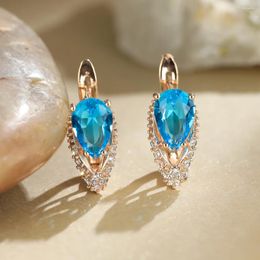 Stud Earrings Stylish Pear Shape Zircon For Women Blue Green Crystal Gemstone Female Hollow Ear Buckle Party Jewelry