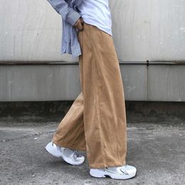 Men's Pants Loose Fit Corduroy Trousers Japanese Style Retro Wide Leg With Elastic Waist Deep Pockets Straight For Casual