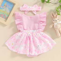 Clothing Sets Infant Born Baby Girls Rompers Dress Print Round Neck Bowknot Bodysuits Easter Clothes Headband