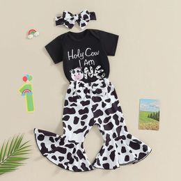 Clothing Sets Baby Girls 3PCS Pants Short Sleeve Letter Cow Print Romper Flared Headband