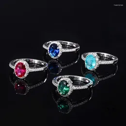 Cluster Rings 925 Sterling Silver 6x8mm Oval Sapphire Ruby Emerald Sky Blue Cubic Zirconia Wedding Bridal Finger Ring For Women