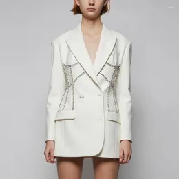 Women's Suits Luxury Fashion Diamond Beading Slim Black White Jacket Suit Coat Women Mid Length High Waist Blazers 2024 Spring