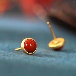 Stud Earrings S925 Sterling Silver Plated Gold Inlaid Southern Red Agate Round Simple Egg Face Fashion Style Women's Jewellery