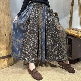 Skirts 2024 Spring Autumn Arts Style Women Elastic Waist Loose A-line Long Vintage Patchwork Cotton Linen Print P181