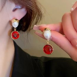 Dangle Earrings Minar Vintage Baroque Freshwater Pearl Drop Red Crystal Round Geometric Copper Long Earring For Women Jewelry
