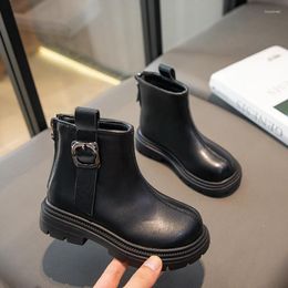 Boots Children Leather British Style Short 2024 Spring Autumn Girls Black Ankle Solid Colour Simple Boys Fashion