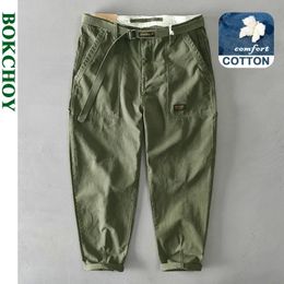 Autumn Winter Pure Cotton Men Cargo Pants Korean Style Male Casual Loose Belt Mid Waist Slim Fit Pencil Trouser GAZ329 Z378 240129