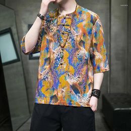 Ethnic Clothing High Quality Men's Summer Ice Silk Short-sleeved Shirt Chinese Retro Hanfu For Men Dial Buckle Man Sinicism Printed