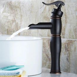 Bathroom Sink Faucets Black Oil Rubbed Bronze Waterfall Faucet Vessel Water Tap Retro Single Hole Basin Lhg013