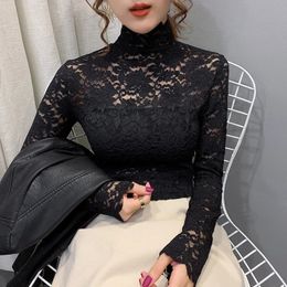 Spring Autumn Women Sexy Blouse Female Half High Collar Bottoming Shirt Feminine Slim Lace Mesh Beauty Tops 240202