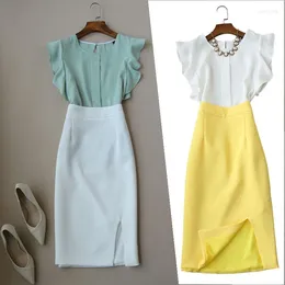 Work Dresses Women's Fashion Ruffled Short Sleeve Chiffon O-neck Blouse Top And Medium Long High Waist Skirt OL Set