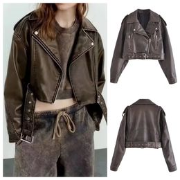 PB ZACool and Handsome PU Leather Washed Gradient Leather Motorcycle Jacket With Belt Retro Short Jacket Leather Jacket 240125