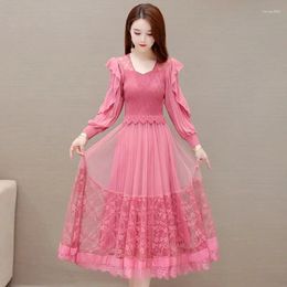 Casual Dresses High Quality Fashion Dress Pink 2024 Spring And Autumn Women's Long Sleeve Black French Mesh Lace Elastic