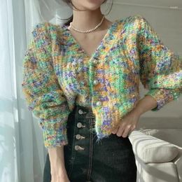 Women's Knits Autumn Winter Sweet V-Neck Unique Pearl Button Long Sleeved Candy Mixed Color Knitted Sweater Women
