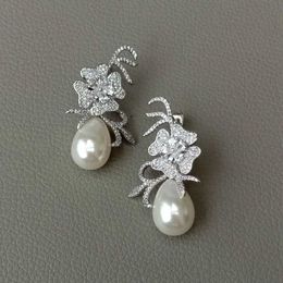 Earrings Teardrop White Sea Shell Pearl Cubic Zirconia Micro Pave Pave Flower Stud Earrings For Women Girls High Quality 230831