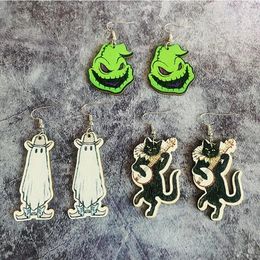 Dangle Earrings Halloween Cartoon Ghosts Printed Wood Drop For Women 2024 Haunted Jewellery Gift Wholesale