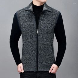 Men's Vests Autumn And Winter Solid Colour Large Casual Flip Collar Zipper Stand Side Seam Pocket Jacket With Plush Vest