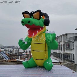 wholesale wholesale 5m H Inflatable Crocodile Cartoon Model Water Animal Wearing Headphones For Festival Decoration Or Advertisement