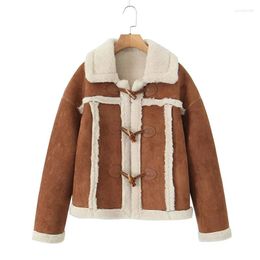 Women's Jackets YENKYE Winter Women Retro Horn Button Faux Suede Lambswool Jacket Coat Long Sleeve Lapel Collar Female Warm Outerwear