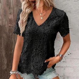 Women's Blouses Women Lace T-shirt Summer Tops V-neck Short Sleeve Blouse Casual Pullover With Hollow Embroidery Round Neck