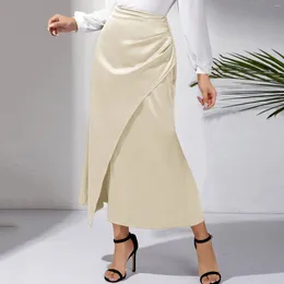 Skirts High Waist Satin Women Long Skirt Autumn Summer Korean Style Versatile Elegant Pleated And Split Female Office Faldas