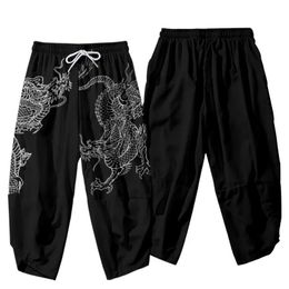 Cartoon Chinese Dragon Printed Black Men Japanese Harem Trousers Casual Elastic Waist Kimono Cropped Pants Streetwear 240126
