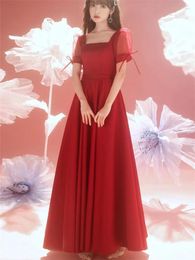 Party Dresses Wine Red Summer Dress Elegant Solid Colour Lace Square Neck Long A-line Skirt Fashion Evening Gown M070