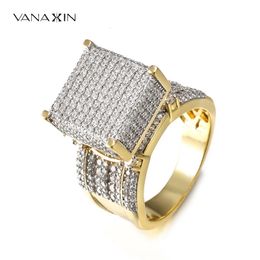 High Quality Men Rings Wide Square 3D Punk Zircon Jewellery Paved CZ Crystal Shiny Gift For Male 240122