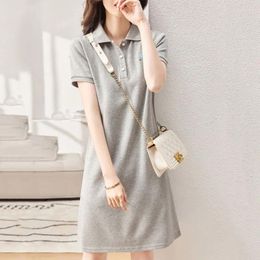 Party Dresses Cotton Polo-Neck Letter Printed Summer Casual Fashion Loose A-Line Women's Clothing Commute Button Basic Midi Dress 2024