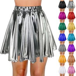 Skirts Women Sparkly Shiny Metallic Skater Skirt Carnival Party Rave Outfit A Line Pleated Elastic High Waist Nightclub Faldas
