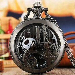 Pocket Watches Fashion Lovers Skeleton Quarzt Watch With Chain Necklace Vintage Quartz Pendant Clock Mens Women