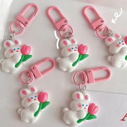 Keychains Cute Mini Tulip Rabbit Keychain Lovely Pink Bunny Doll Key Chain For Women Girl Kids Bag Earphone Box Hangings Keyring Pendant