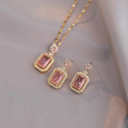 Necklace Earrings Set Pink Zircon Rectangle Stud Pendants Stainless Steel Chains Necklaces For Women Engagement Bridal