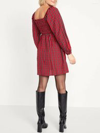 Casual Dresses Women S Plaid Print A-line Dress Retro Long Sleeve U-Neck Mini Party With Pockets