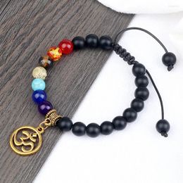 Strand Women Natural Healing Aum Alloy Pendant Bracelet High Quality 7 Chakra Black Matte Lava Polish Beads Bangles Jewelry Gift Friend