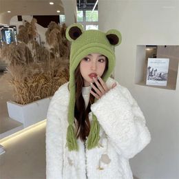 Berets Cute Cartoon Frog Hats For Women Autumn And Winter Warmth Knit Pullover Cap Korean Fashion Ear Protection Lace Up Bomber Hat