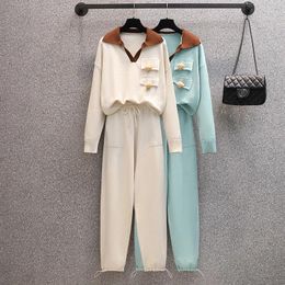 Women's Two Piece Pants 2024 Autumn Long Sleeve Knit Bear Pullover Sweaters Elastic Waist Sets Fashion Trousers Pieces Costumes Outfit