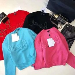 2022 Letter Embroidery Handmade Beaded Pearl Inlaid Elegant Round Neck Loose Short Knitted Sweater Women 417