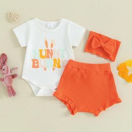 Clothing Sets Baby Girls Easter Shorts White Short Sleeve Letter Print Romper Tops Ruffle PP Headband