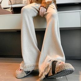 Women's Pants High Waisted Drawstring For Women Black Tassels Bell-bottoms Vintage Casual Knitted Wide Leg Autumn Winter 2024