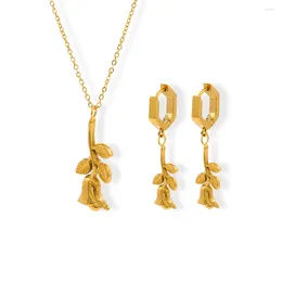 Necklace Earrings Set Minimalist Drop Rose Shape Stainless Steel Jewellery PVD Gold Plated Rust Proof Charm 2024